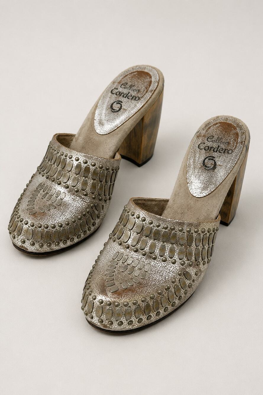 Calleen Cordero Metallic Studded Leather Mule Clogs Size 6 – Artisan Wooden Heel